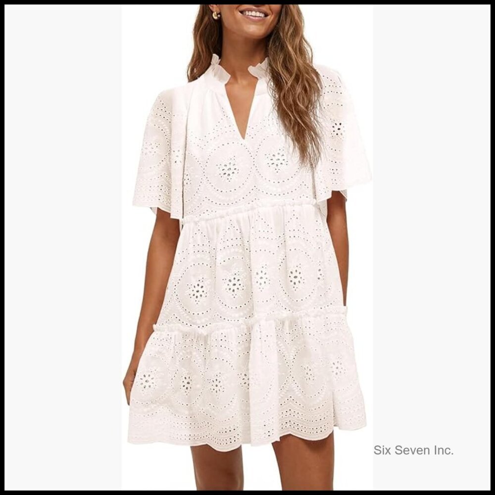 Lace Eyelet Babydoll Mini Dress Short Sleeve V Neck Casual Beach